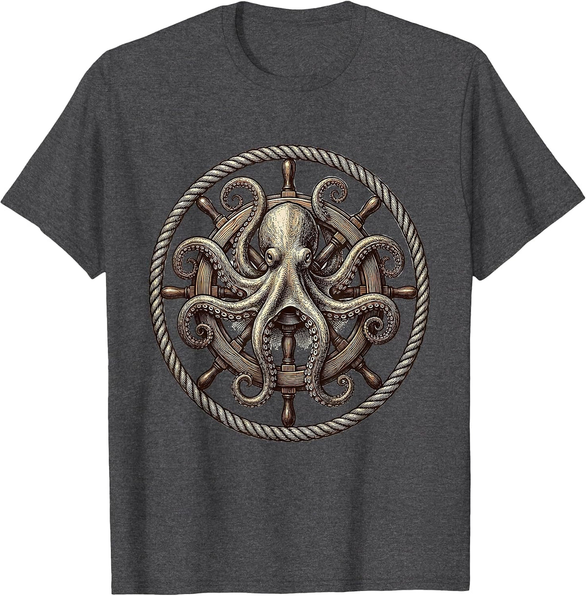 Octopus Steering Wheel Vintage Nautical Graphic T-Shirt - Dark Heather Grey