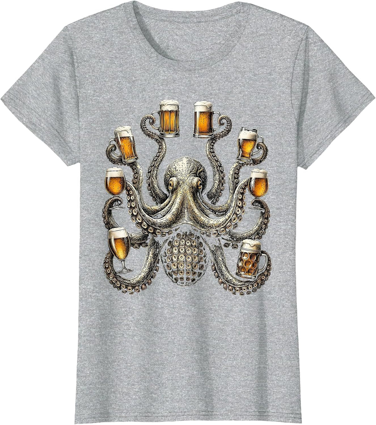 Octopus Holding Eight Beers Funny Drinking Art T-Shirt, Women, Heather Grey, XX-Large - As Pictured