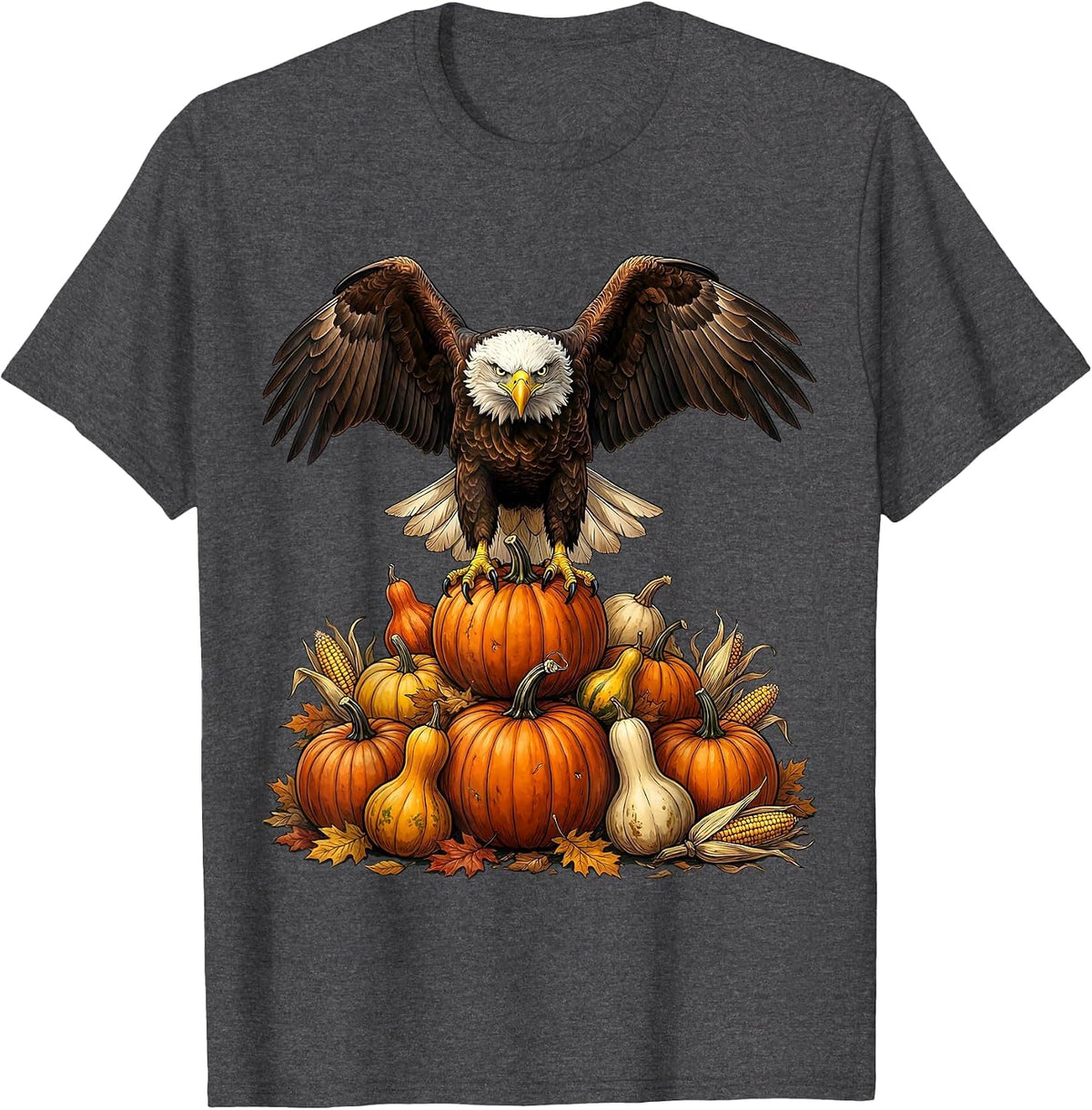 Men's Bald Eagle Perched on Pumpkins Thanksgiving T-Shirt - Dark Heather Grey