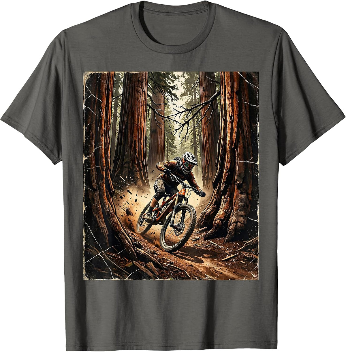 Mountain Biker Weaving Through Redwood Trees T-Shirt - Asphalt Grey