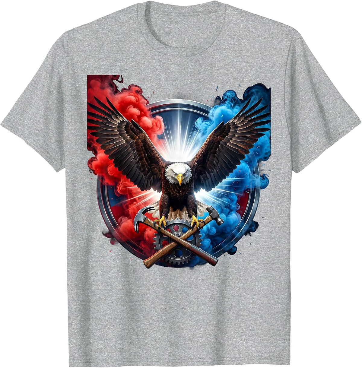 Men's Patriotic Bald Eagle Gear and Hammer Graphic T-Shirt - Heather Grey