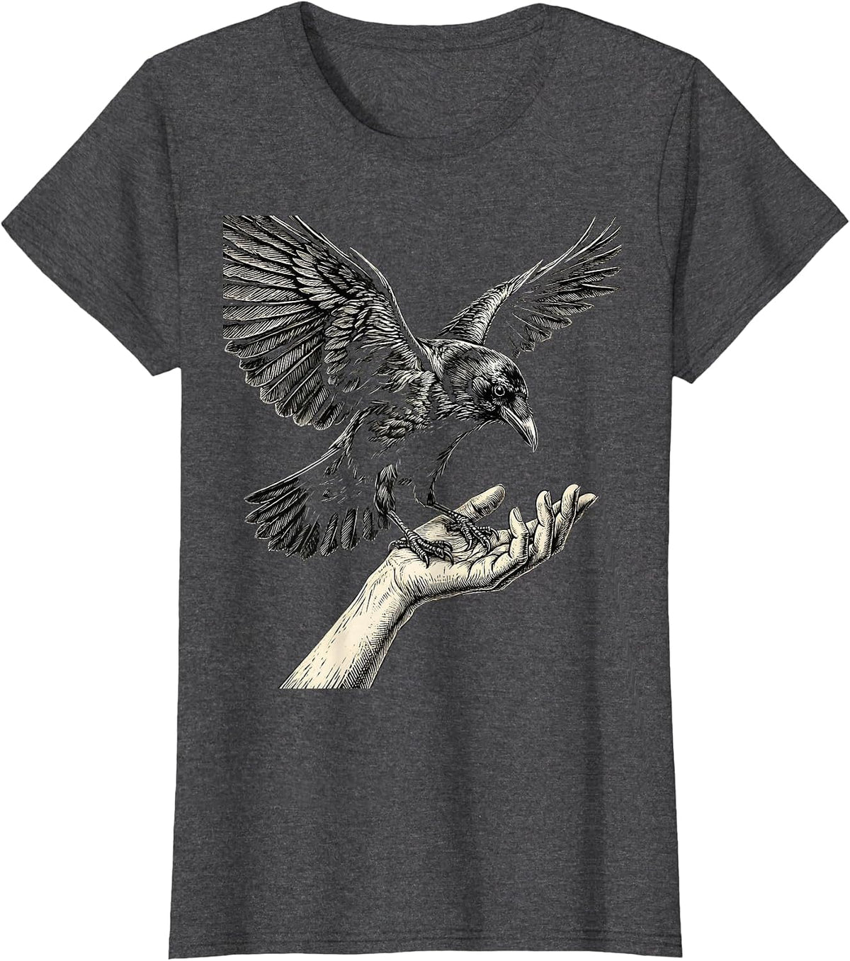 Women's Crow Landing on Outstretched Hand Illustration T-Shirt - Dark Heather Grey