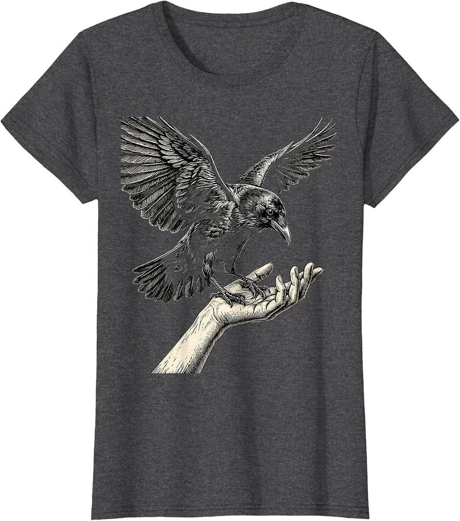 Women's Crow Landing on Outstretched Hand Illustration T-Shirt - Dark Heather Grey