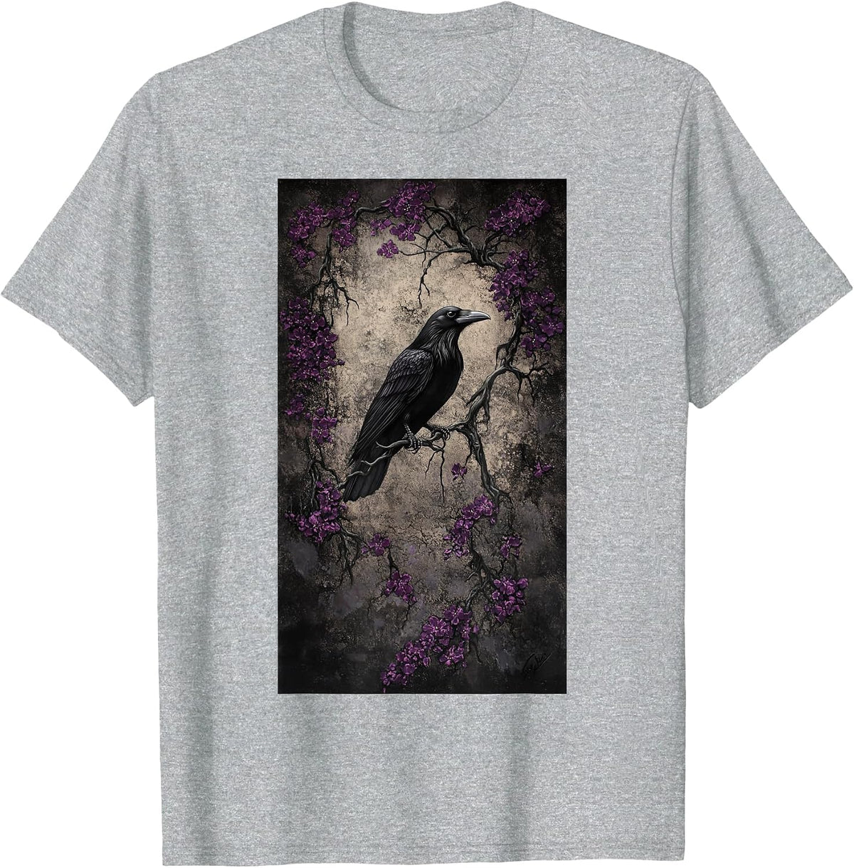 Gothic Raven Blackbird Gothic Art Floral Nature T-Shirt - Heather Grey
