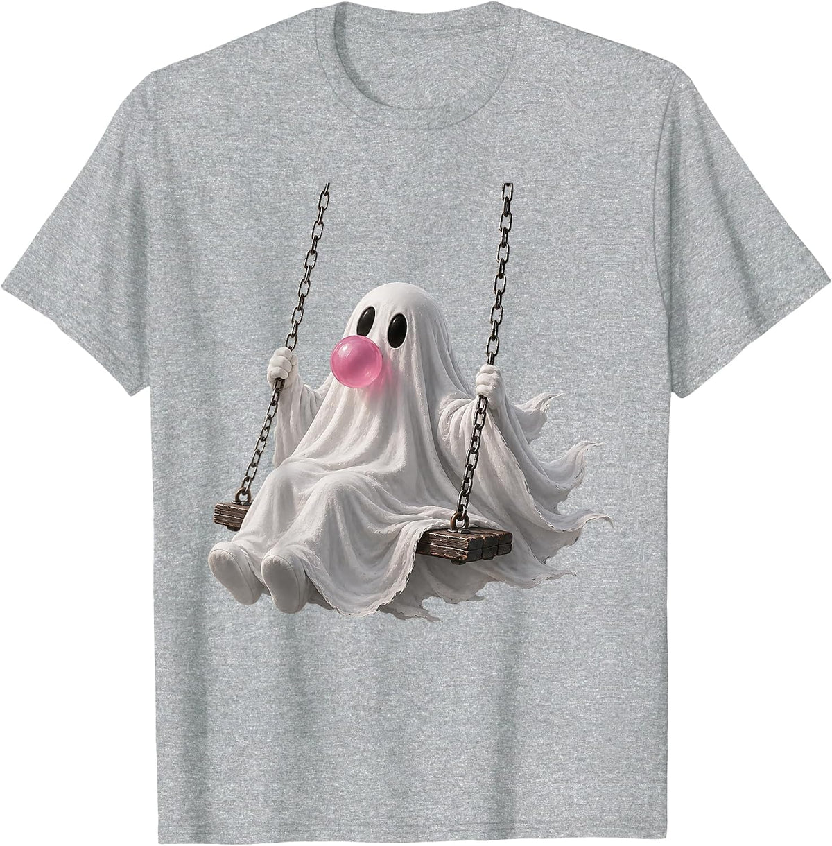 Ghost on Swing Blowing Bubble Gum Spooky Halloween Girly T-Shirt - Heather Grey