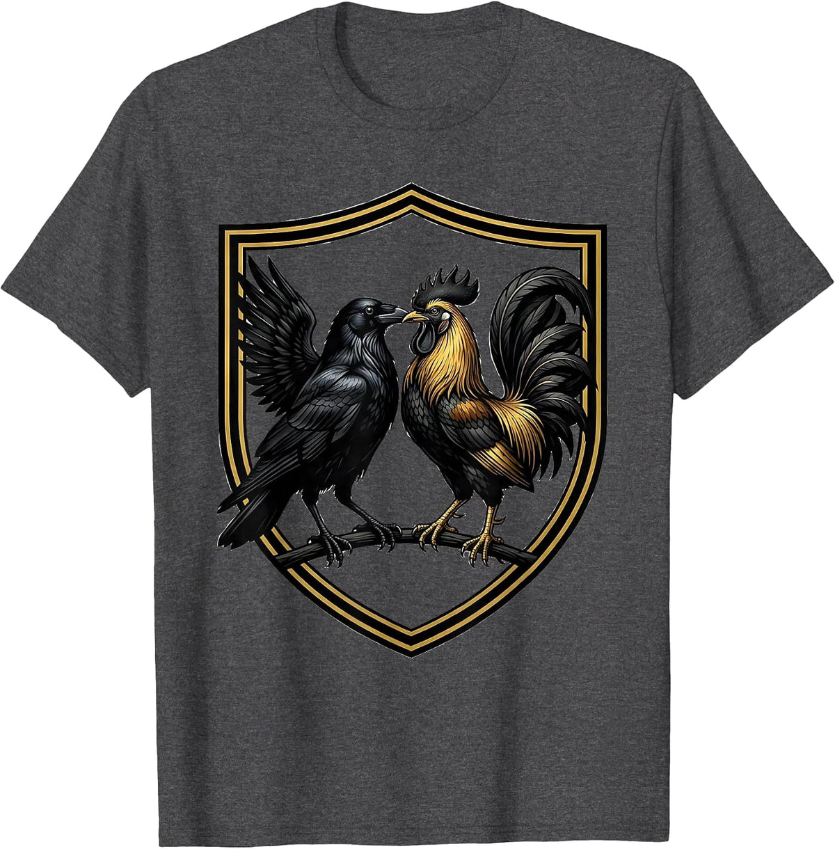 Men's Crow and Rooster Face Off Graphic Design T-Shirt - Dark Heather Grey