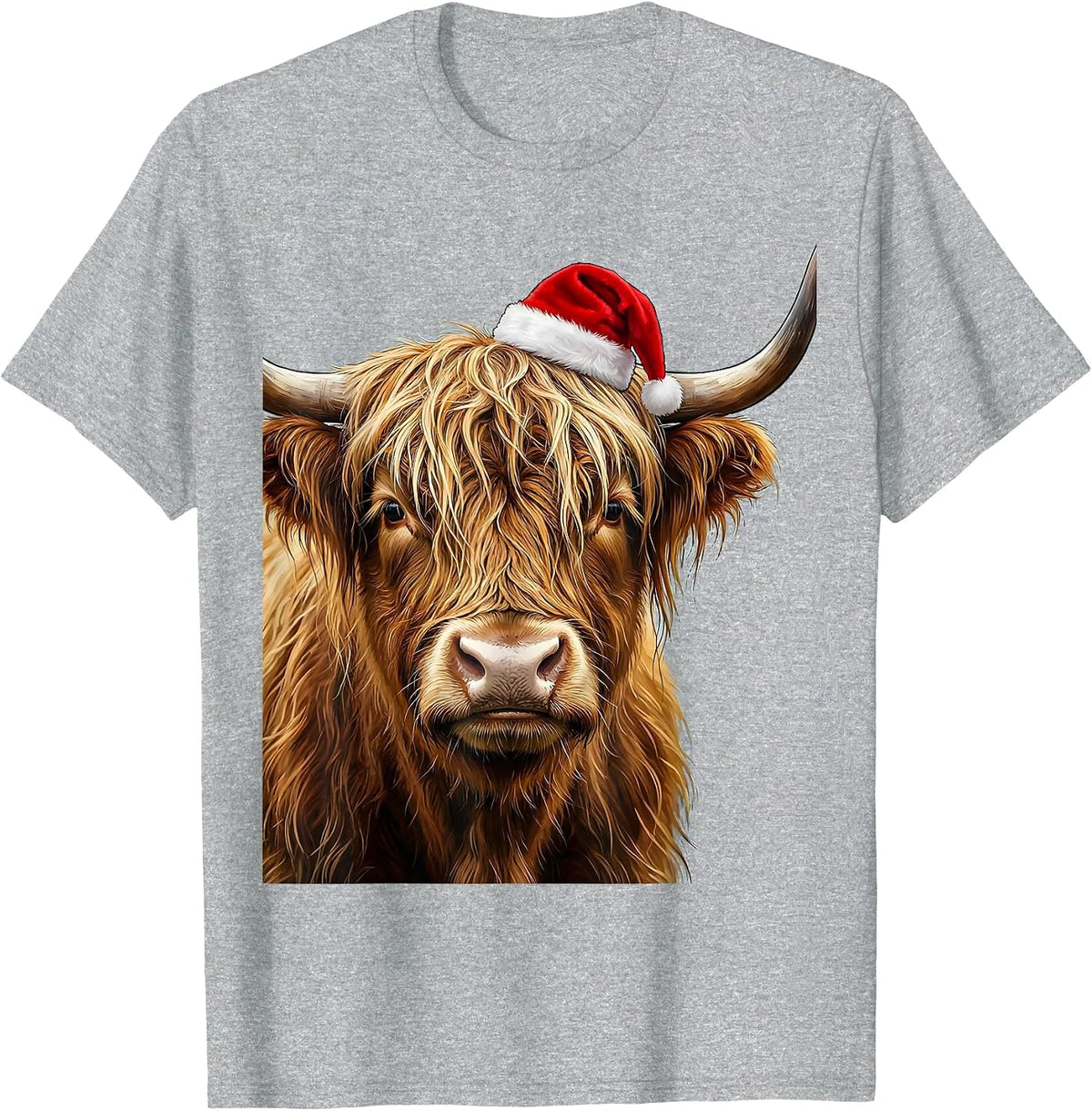 Men's Shaggy Highland Cow Santa Hat Whimsical Festive Humor T-Shirt - Heather Grey