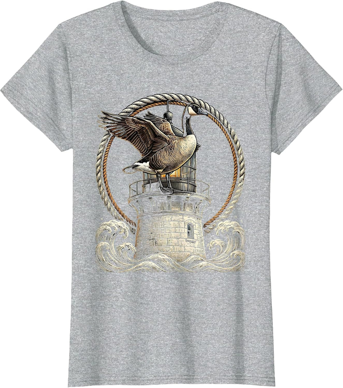 Goose on a Vintage Lighthouse Graphic T-Shirt - Heather Grey