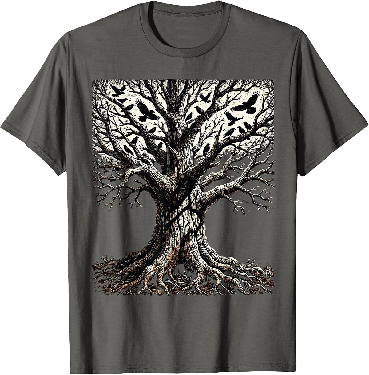 Bare Tree Crow Silhouette Fall Nature Design T-Shirt - Asphalt Grey