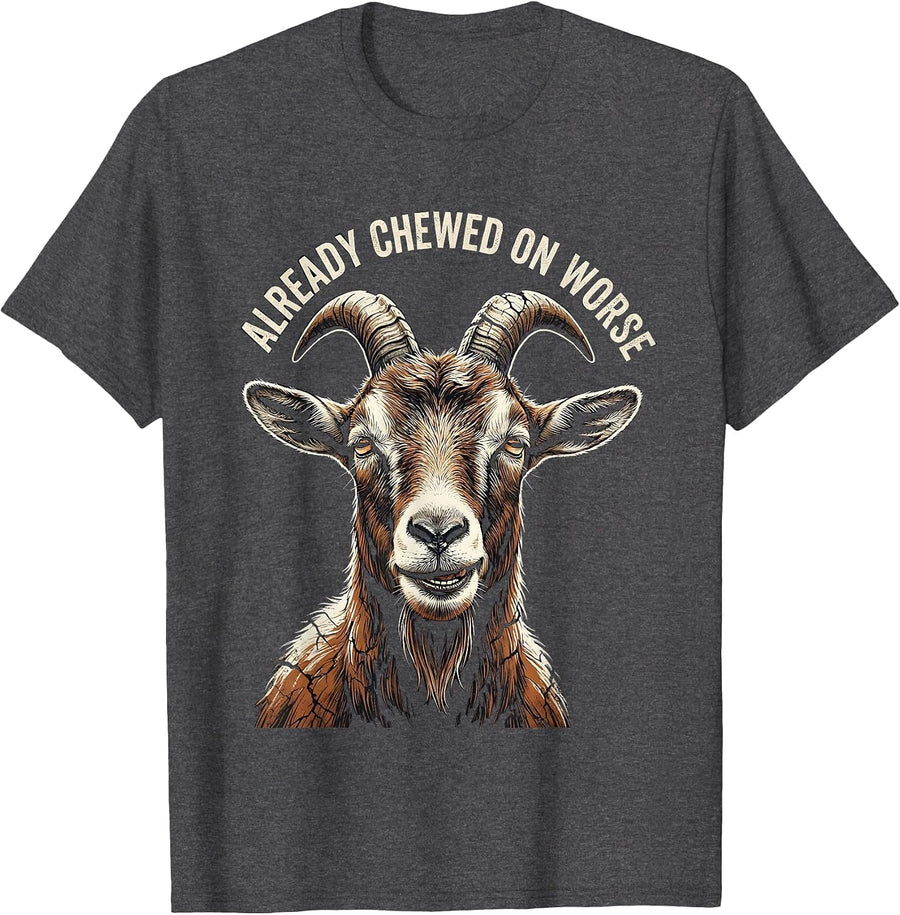 Men's Already Chewed On Worse Distressed Goat Farm Animal Humor T-Shirt - Dark Heather Grey