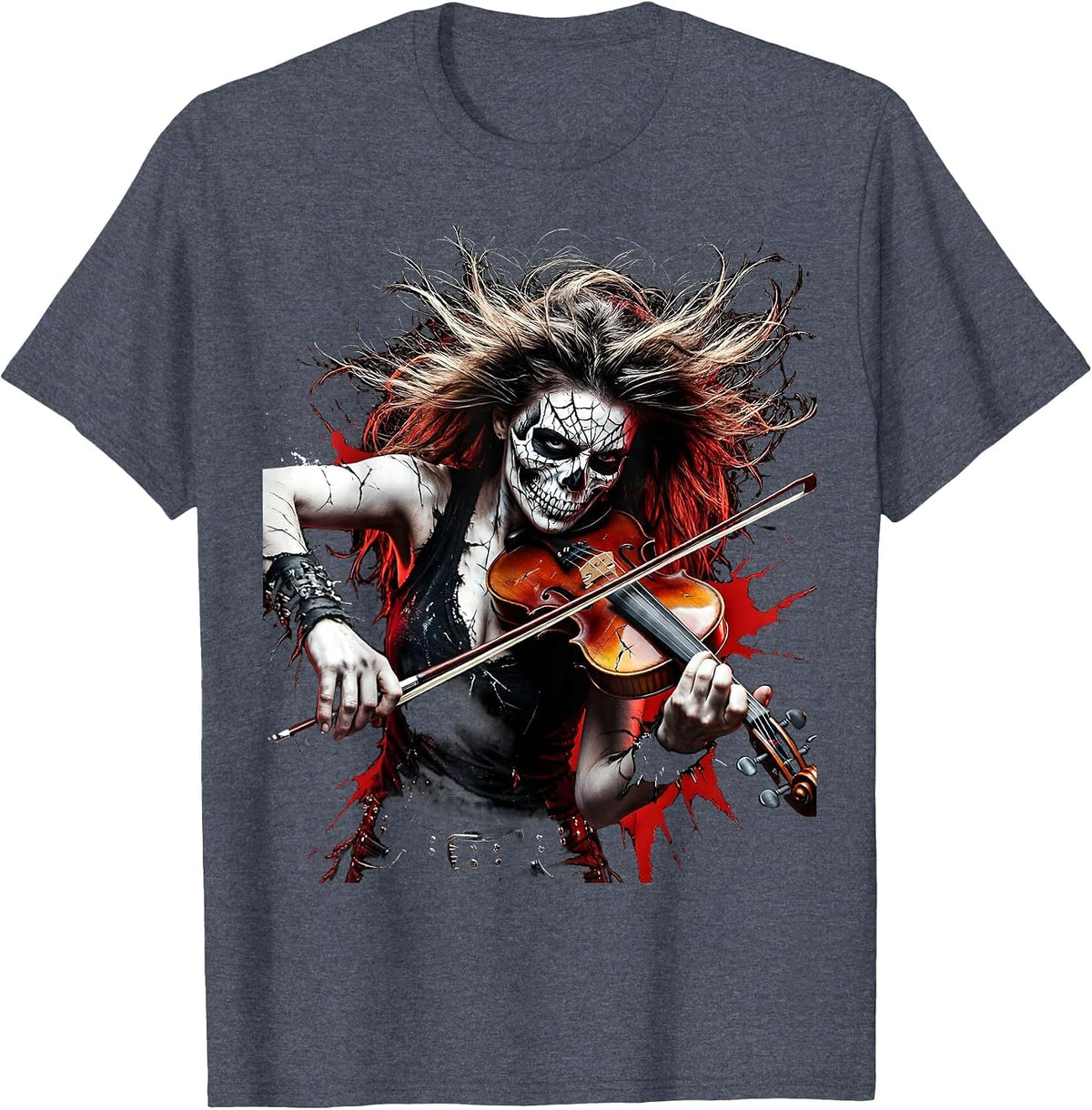 Cracked Skull Violinist Rock Musician Graphic T-Shirt - Heather Blue