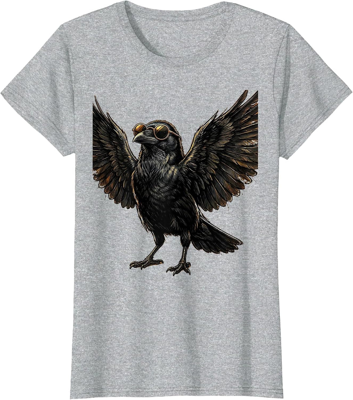 Cool Crow in Sunglasses Raised Feathers Graphic T-Shirt - Heather Grey