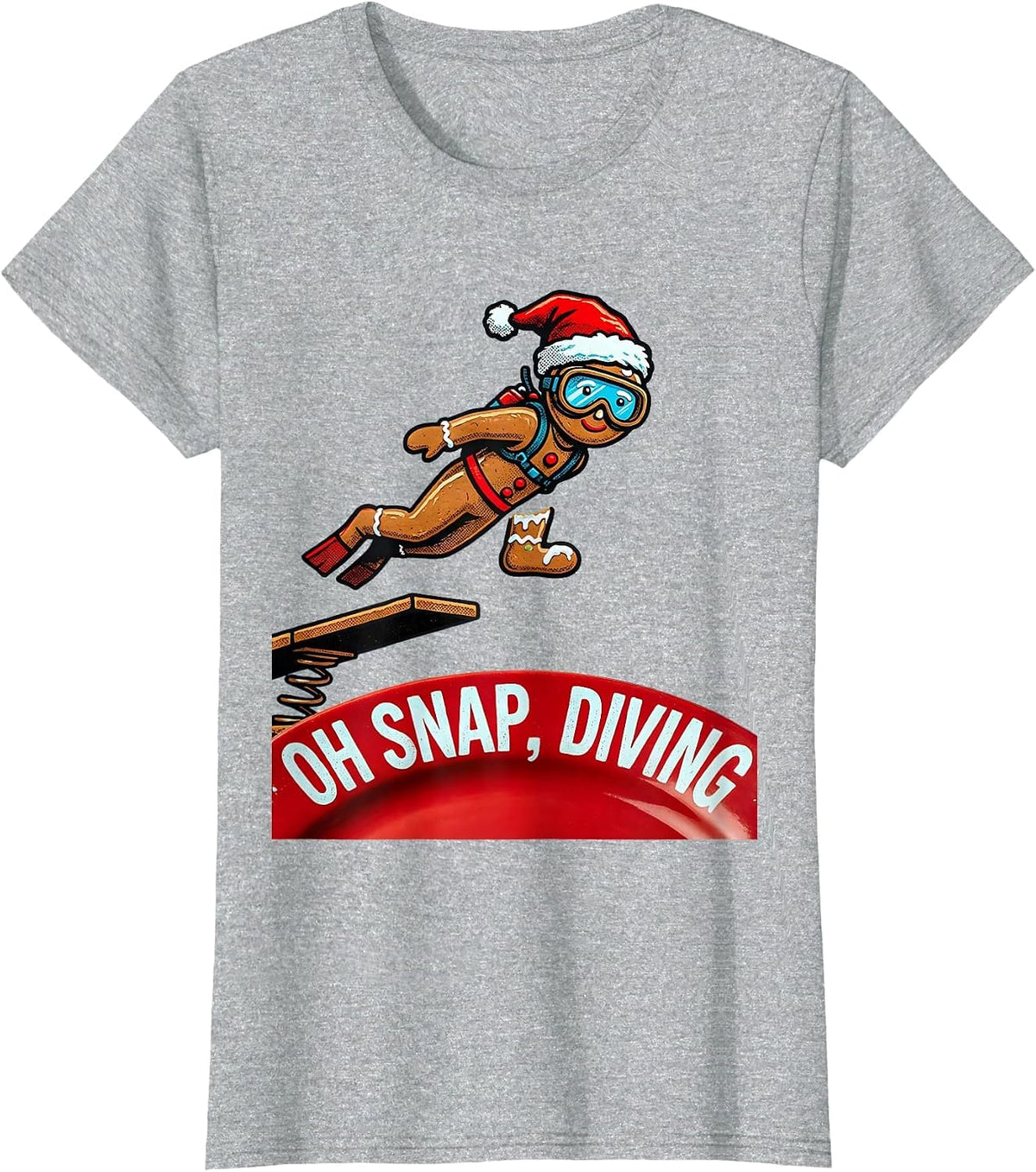 Oh Snap Diving Pop Art Gingerbreadman Christmas Sports Humor T-Shirt - Heather Grey