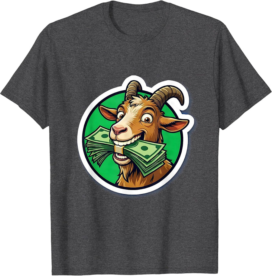 Men's Funny Goat Eating Money Illustration T-Shirt - Dark Heather Grey