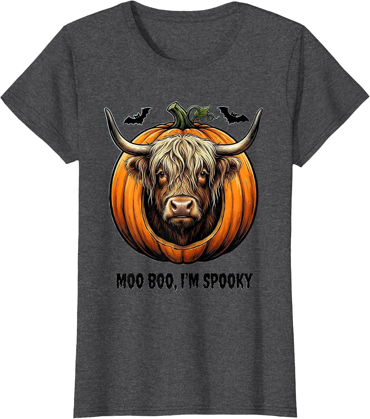 Women's Moo Boo, I’m Spooky Cartoon Highland Cow Halloween Costume T-Shirt - Dark Heather Grey
