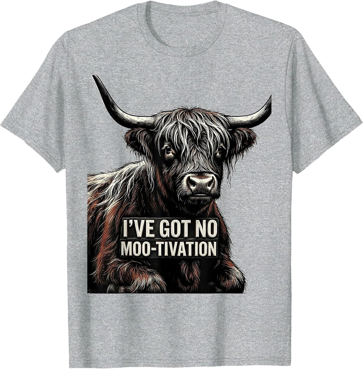 Men's I've Got No Moo-tivation Funny Highland Cow Farm Humor T-Shirt - Heather Grey