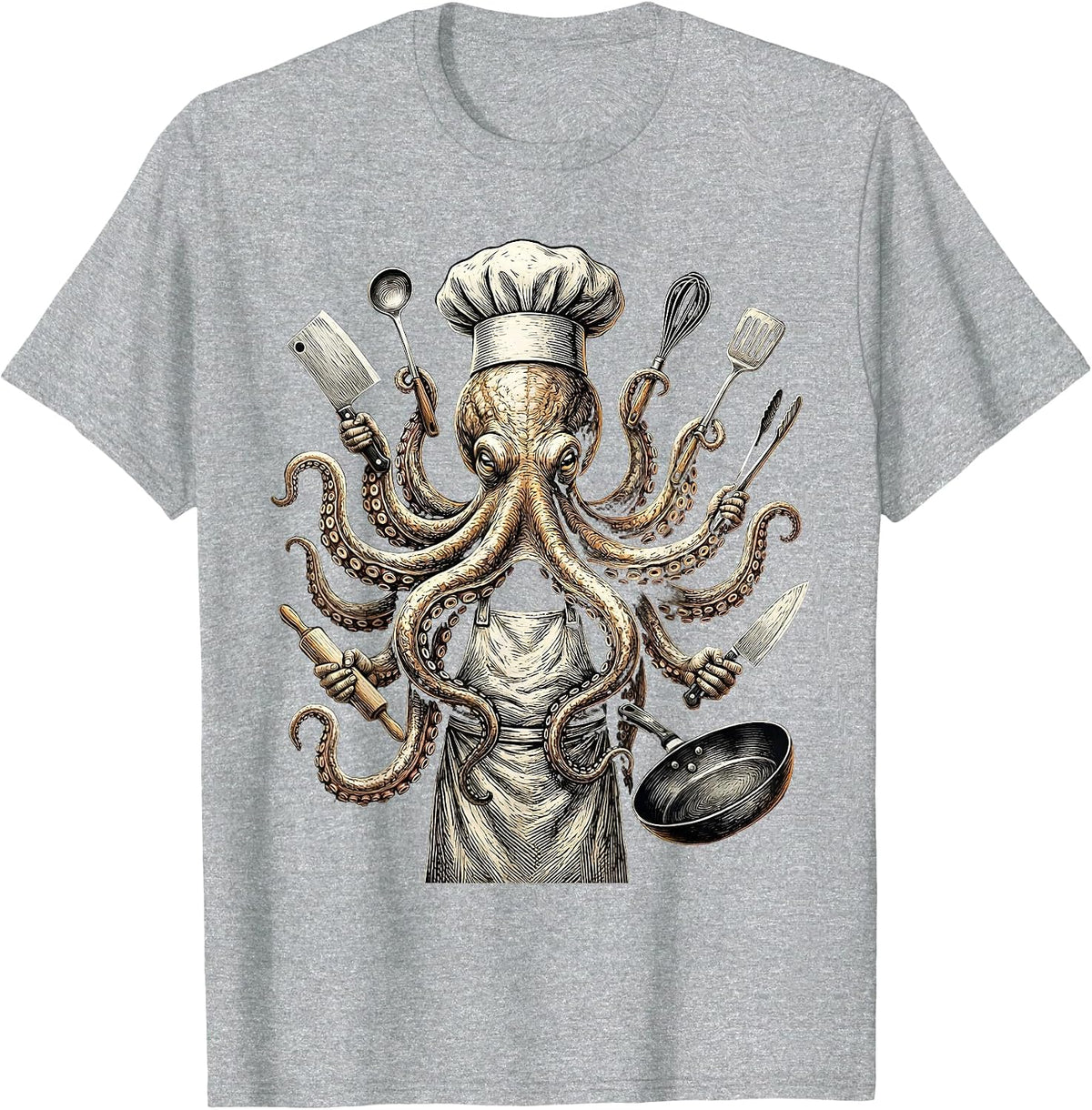 Men's Octopus Chef Holding Eight Kitchen Tools T-Shirt - Heather Grey