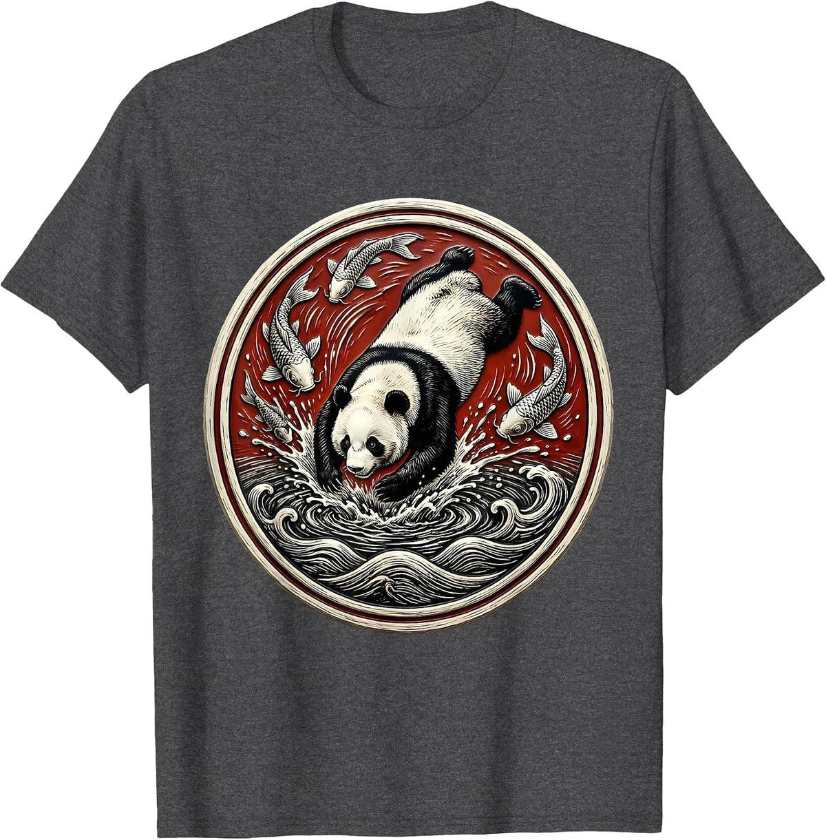 Panda Bear Diving Into Koi Pond Graphic T-Shirt - Dark Heather Grey