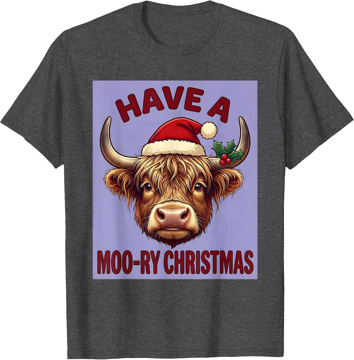 Have A Moo-ry Christmas Cute Kawaii Highland Cow Holiday T-Shirt - Dark Heather Grey