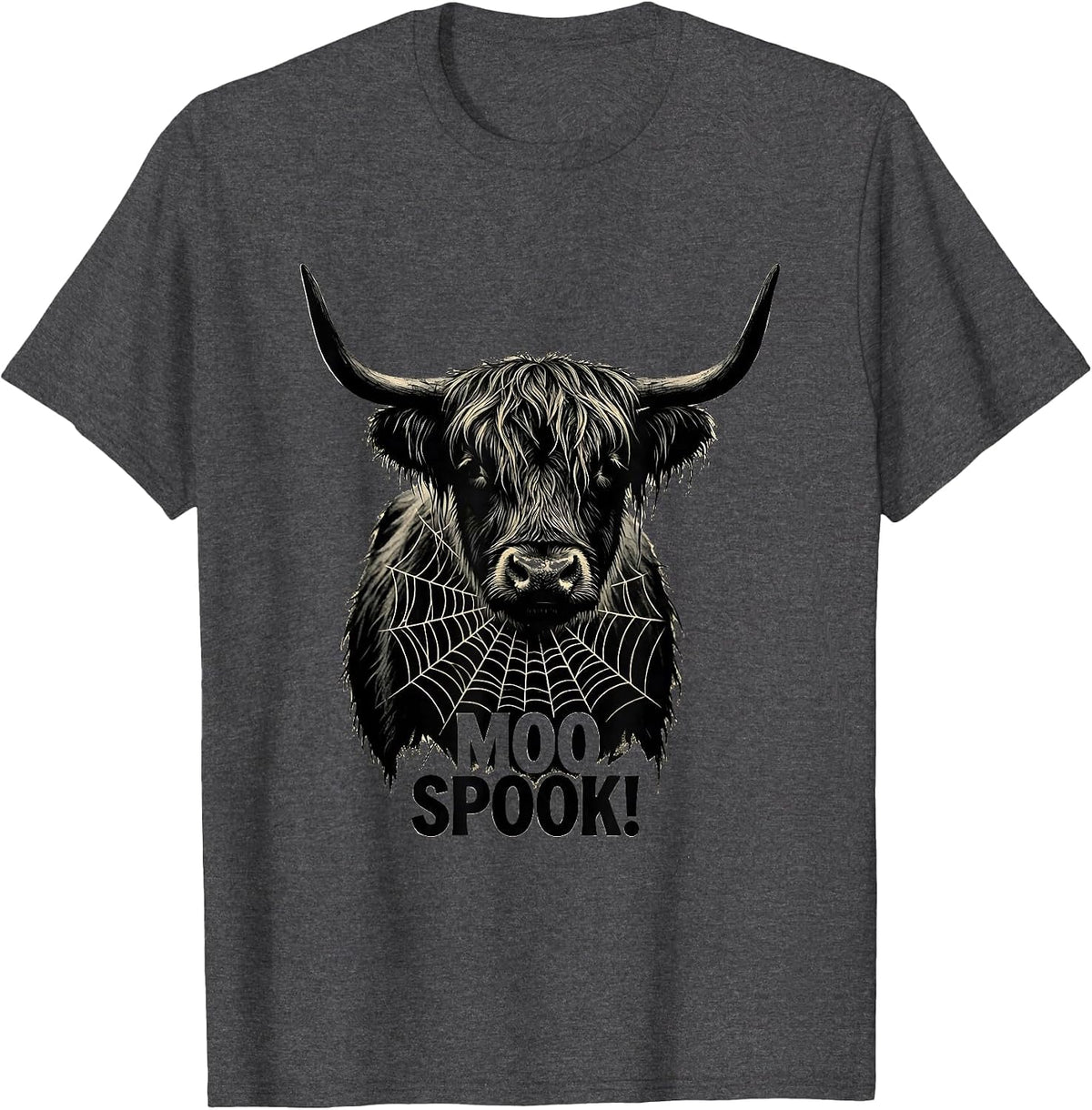 Moo Spook! Whimsical Highland Cow Halloween Humor Novelty T-Shirt - Dark Heather Grey
