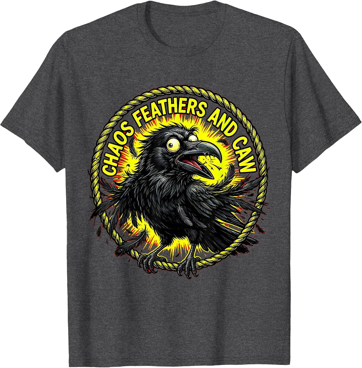 Chaos Feathers and Caw Crow Design T-Shirt - Dark Heather Grey