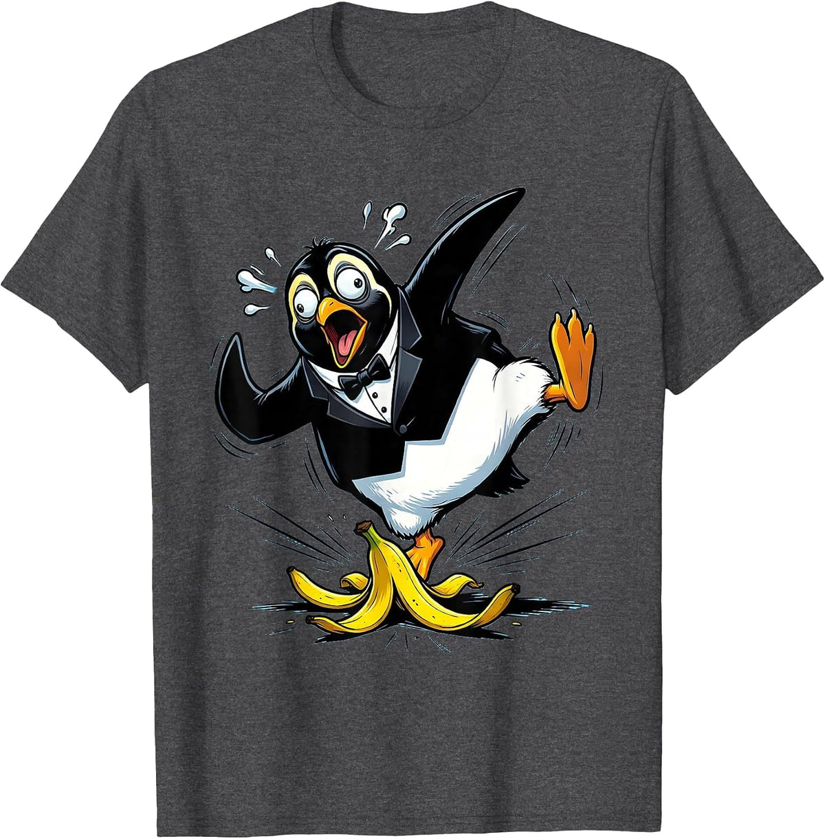Men's Dramatic Penguin Banana Peel Slip Funny Art T-Shirt - Dark Heather Grey