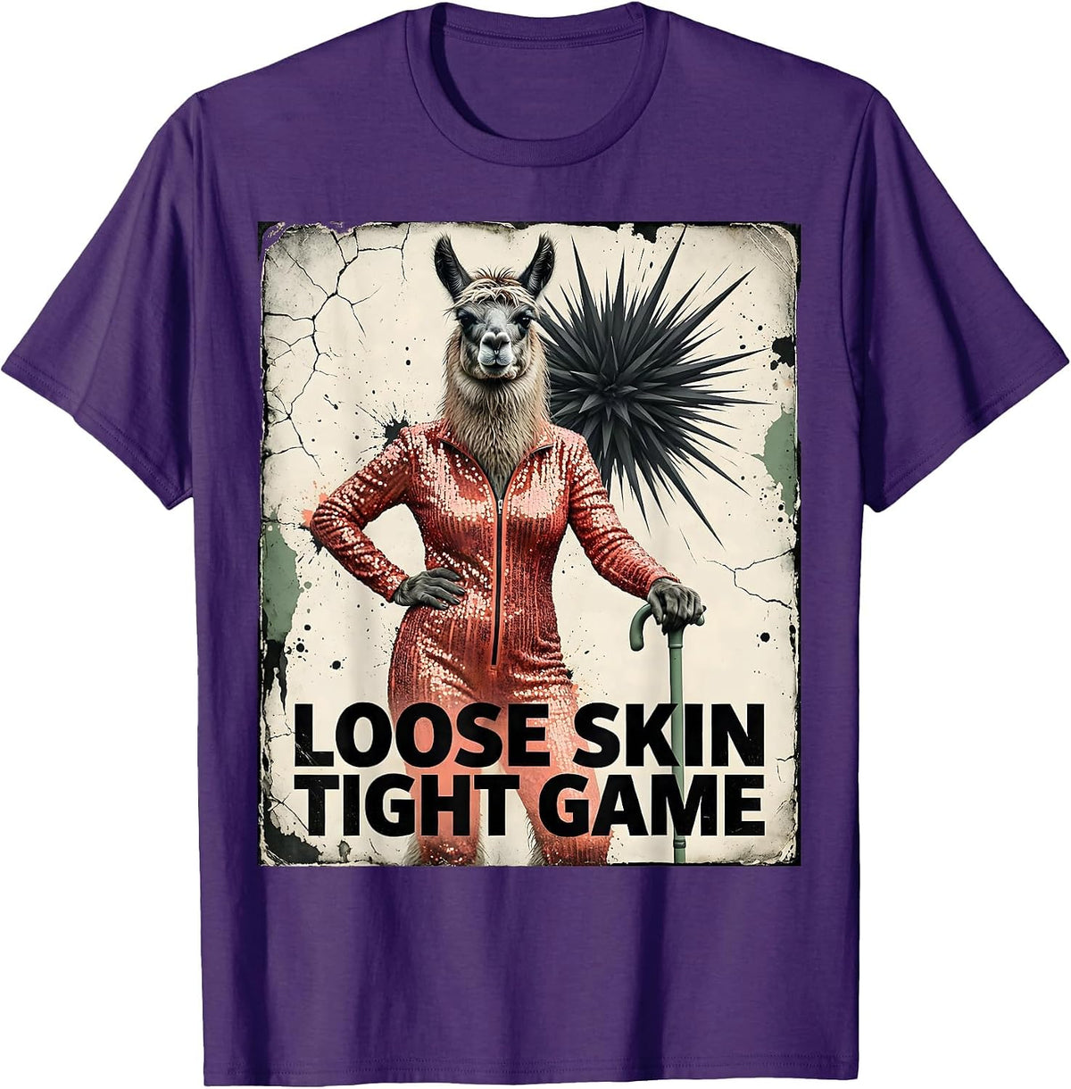 Men's Loose Skin Tight Game Distressed Funny Elderly Llama Meme T-Shirt - Purple