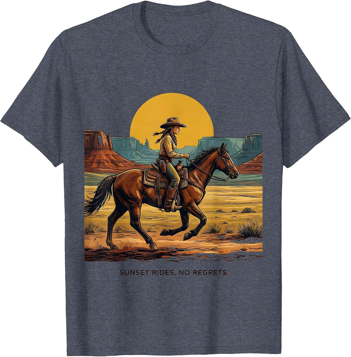 Sunset Rides No Regrets Cowgirl Design T-Shirt - Heather Blue