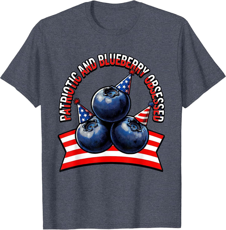Patriotic and Blueberry Obsessed Red White Blue Design T-Shirt - Heather Blue