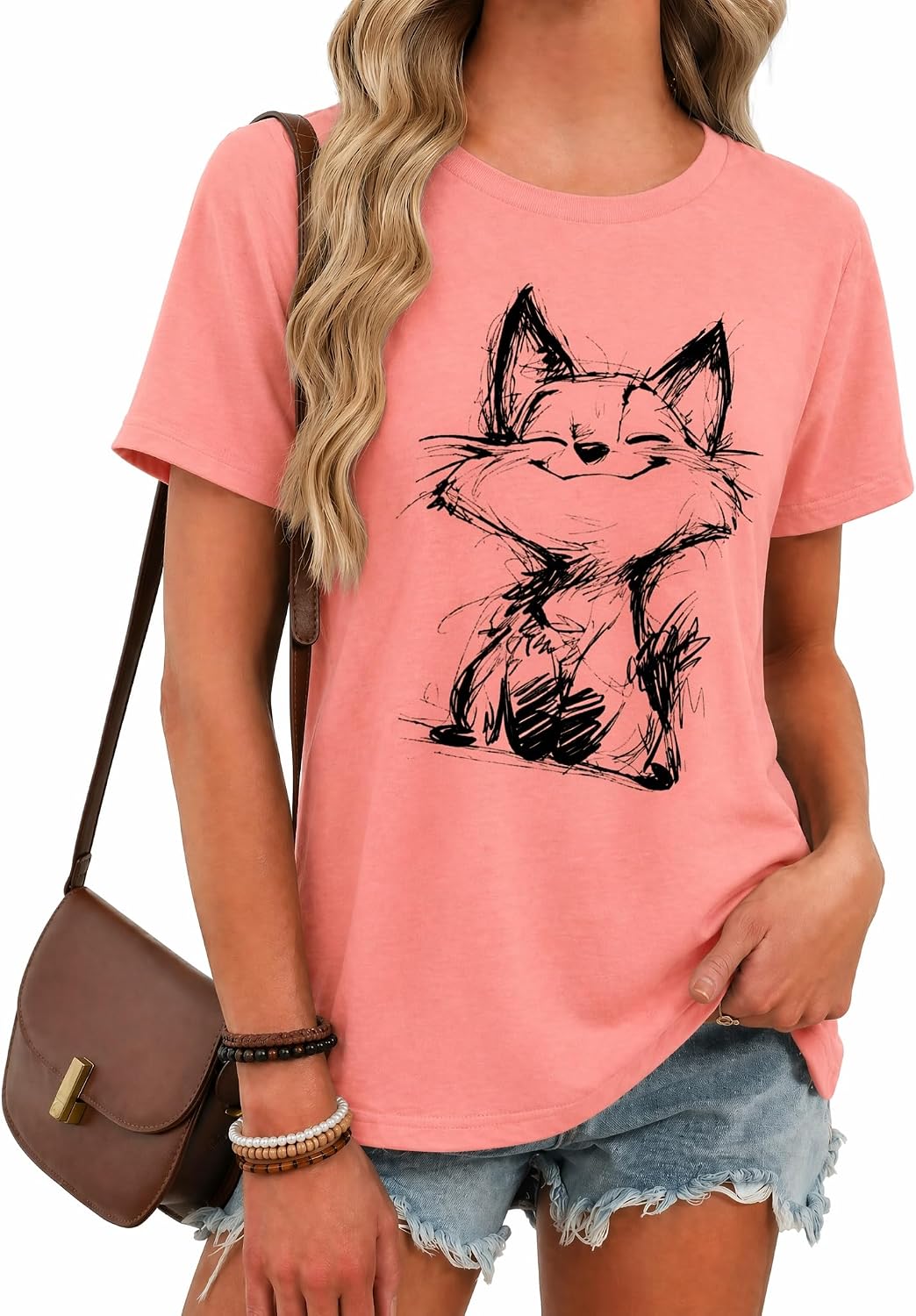 Women's Animal Graphic Tee: Funny Vintage Print T-Shirt, Summer Cotton Casual Top - Fox-coral Pink