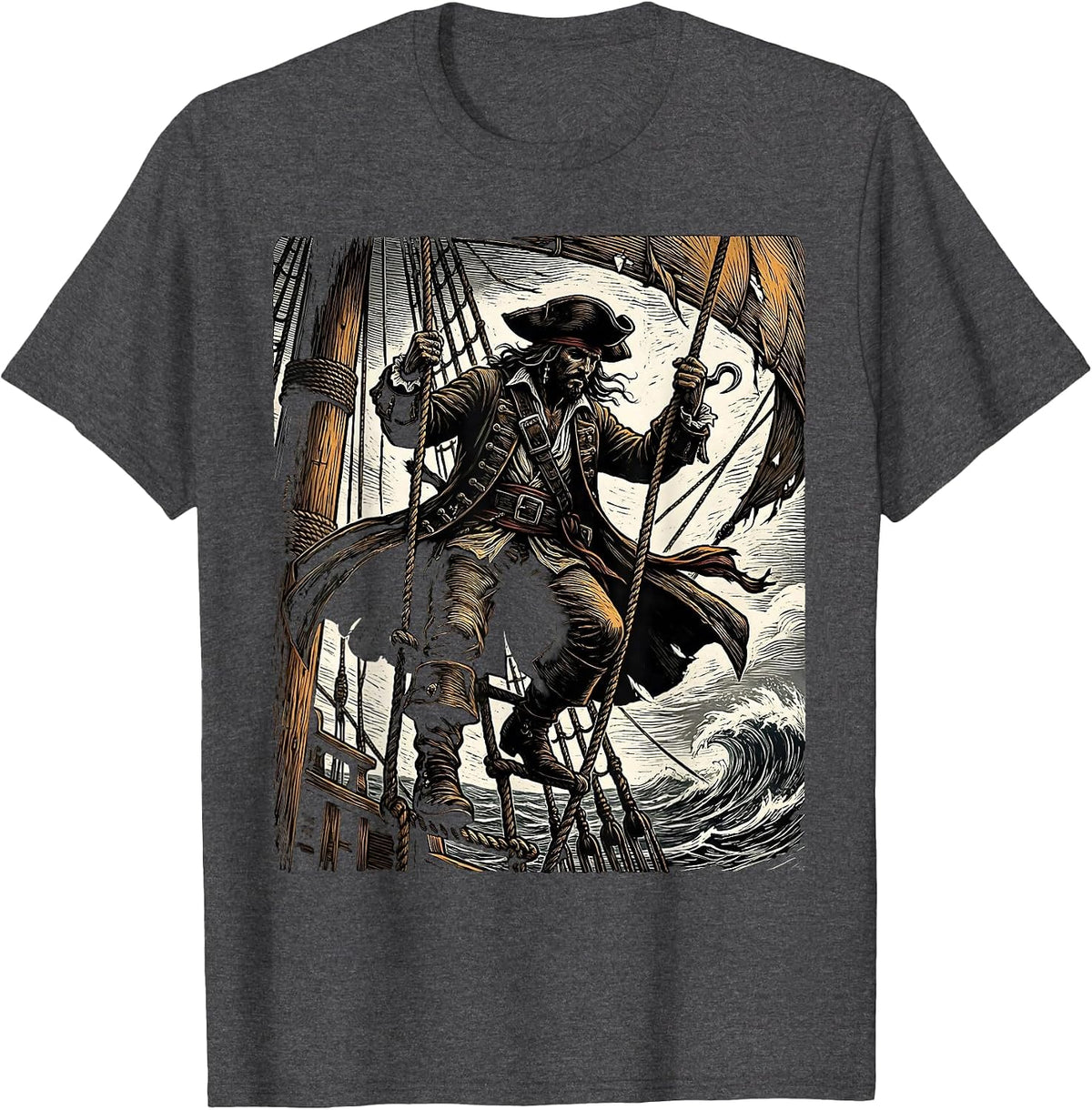 Shadowy Pirate Climbing Ship Rope Ladder T-Shirt - Dark Heather Grey