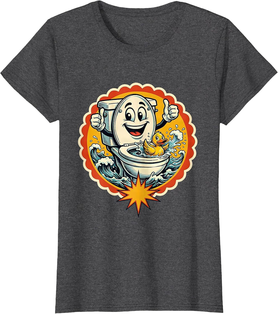 Women's Funny Overflowing Toilet Rubber Duck Graphic T-Shirt - Dark Heather Grey