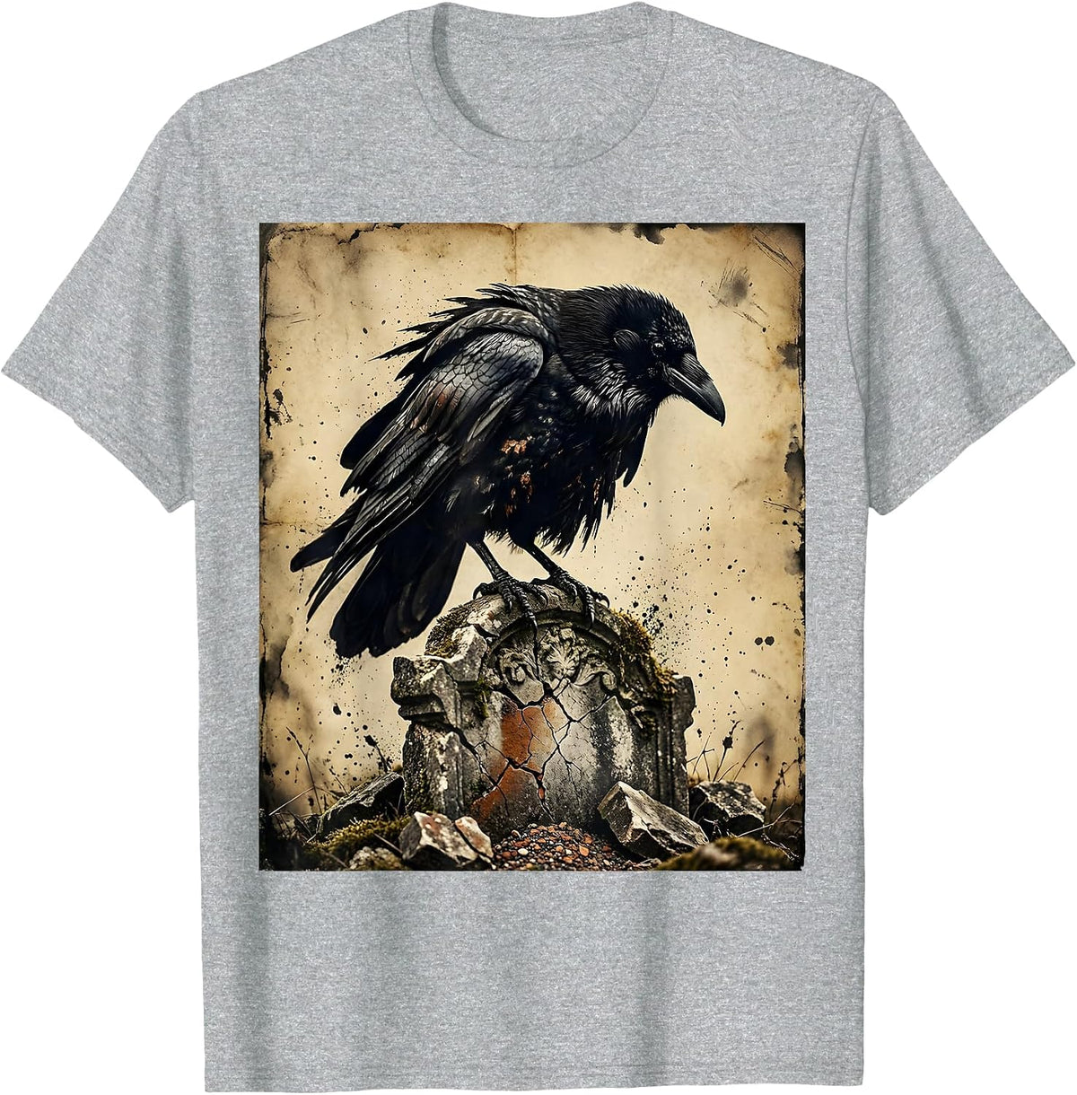 Men's Hooded Crow on Crumbling Gravestone Gothic Art T-Shirt - Heather Grey