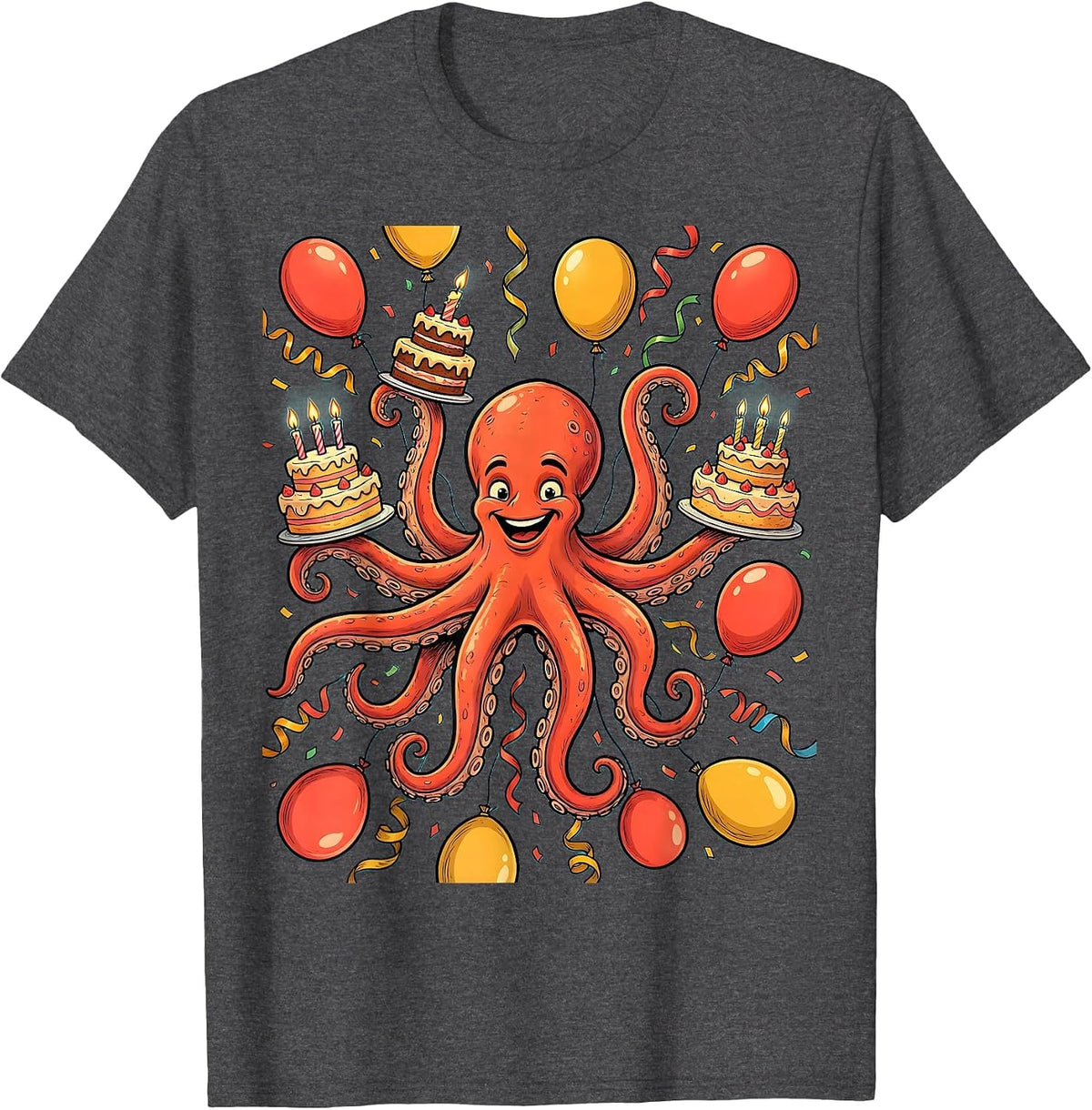 Men's Octopus Birthday Party Balloon Celebration Graphic T-Shirt - Dark Heather Grey