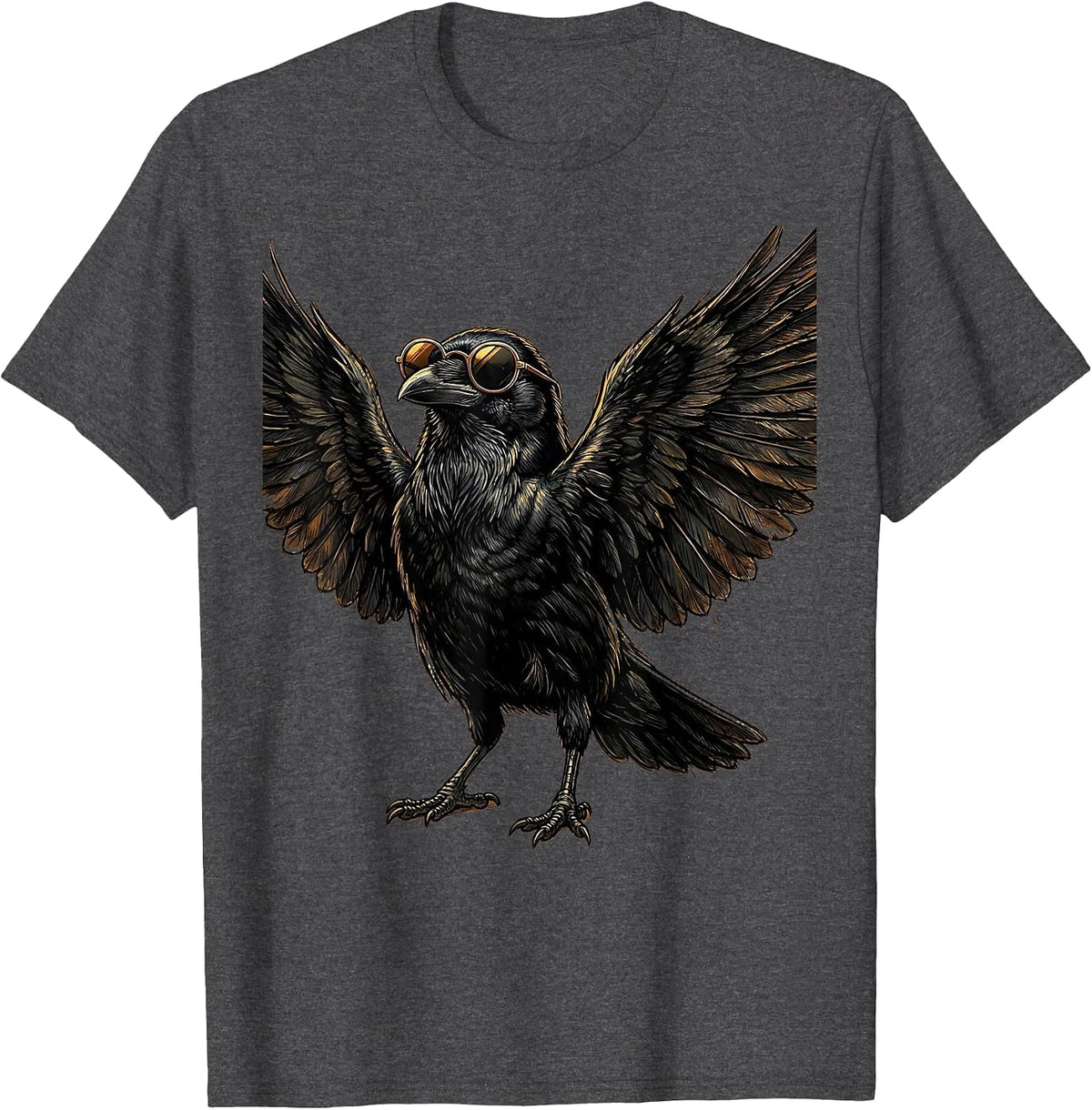 Cool Crow in Sunglasses Raised Feathers Graphic T-Shirt - Dark Heather Grey