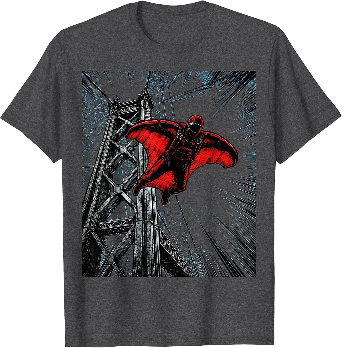 Base Jumper Launching From Suspension Bridge Tower T-Shirt - Dark Heather Grey