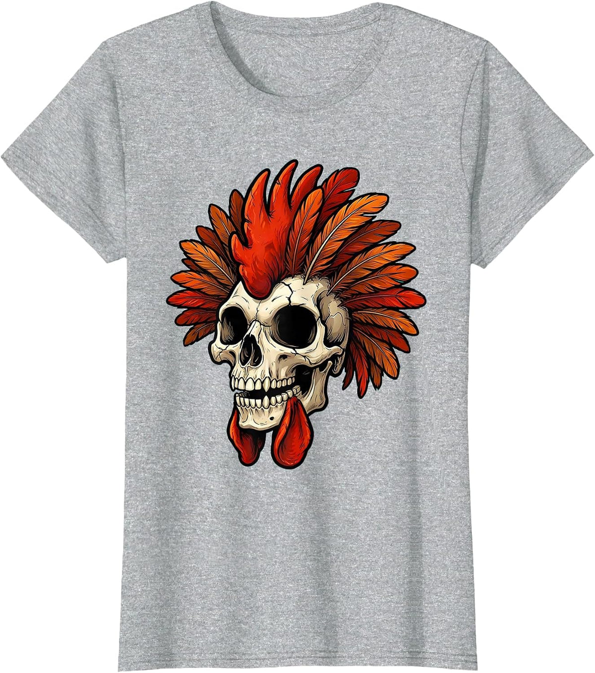 Rooster Skull Feather Mohawk Graphic Design T-Shirt - Heather Grey