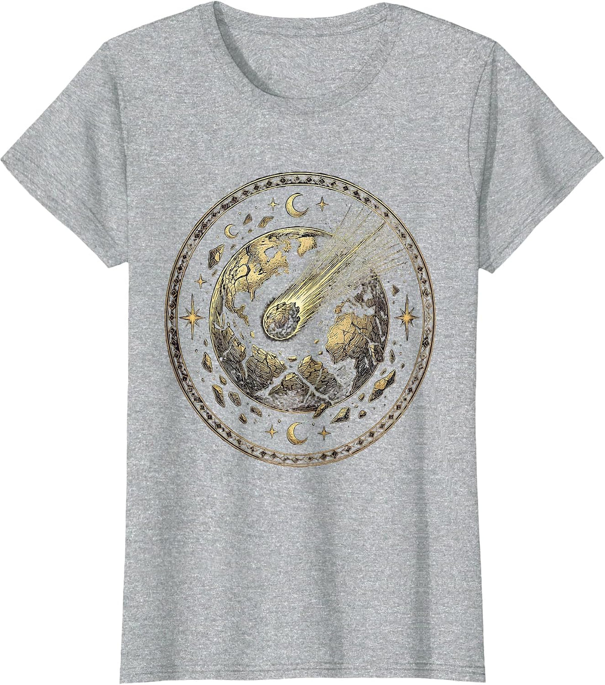 Comet and Crumbling Planet Space Art Design T-Shirt - Heather Grey