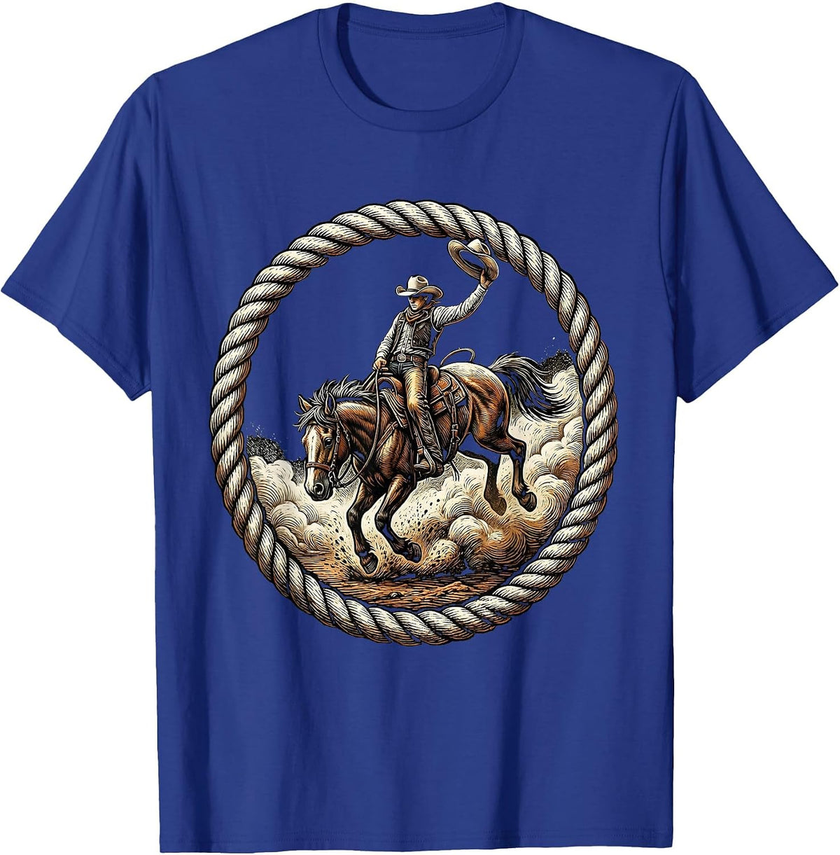 Cowboy Riding Bucking Bronco Dust Cloud Graphic T-Shirt - Royal Blue