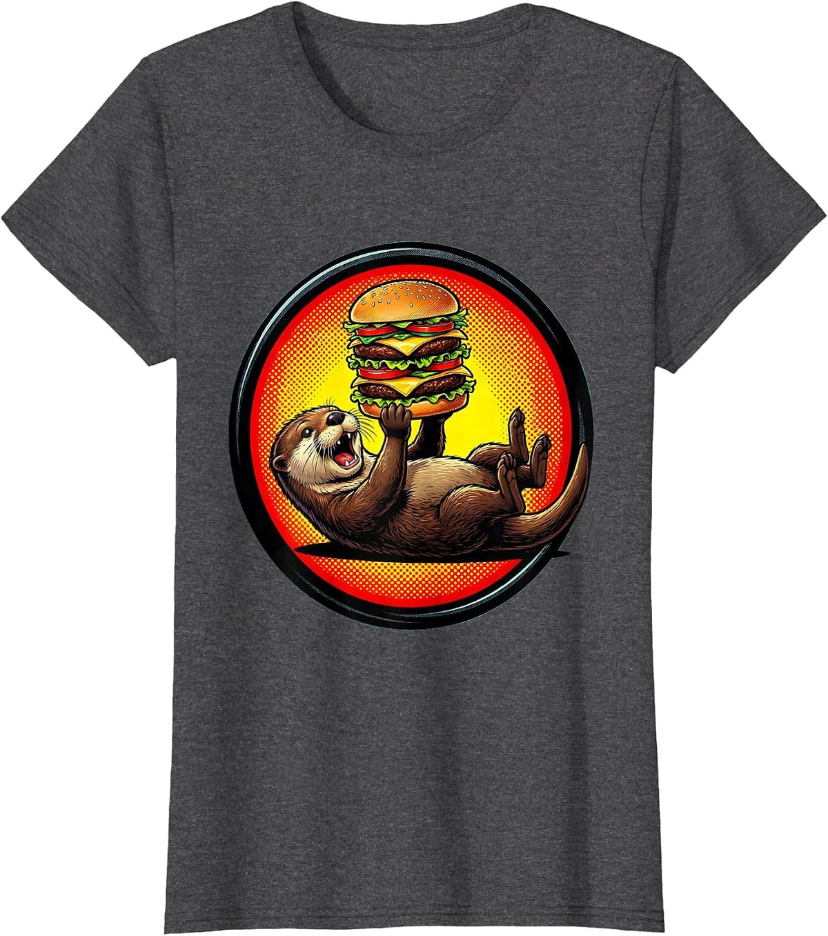 Women's Otter Floating and Eating Hamburger Funny Design T-Shirt - Dark Heather Grey