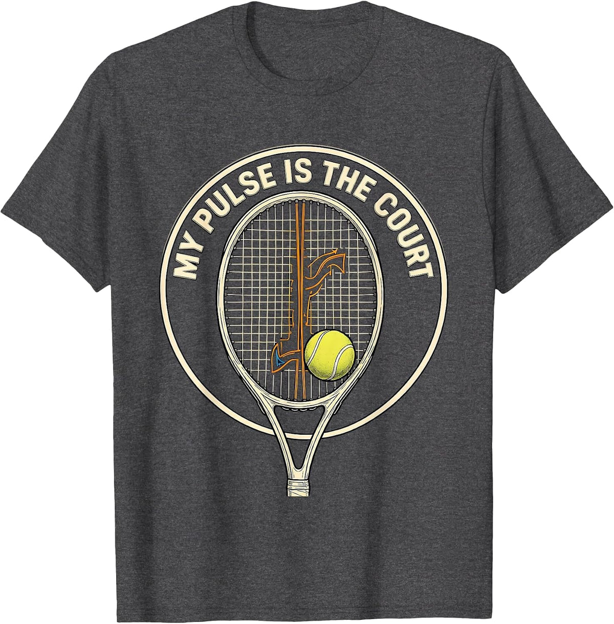 My Pulse Is The Court Tennis Lover Tennis Heartbeat EKG T-Shirt - Dark Heather Grey