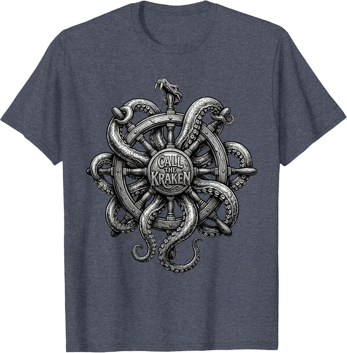 Call The Kraken Line Art Octopus Kraken Marine Animal Lover T-Shirt - Heather Blue