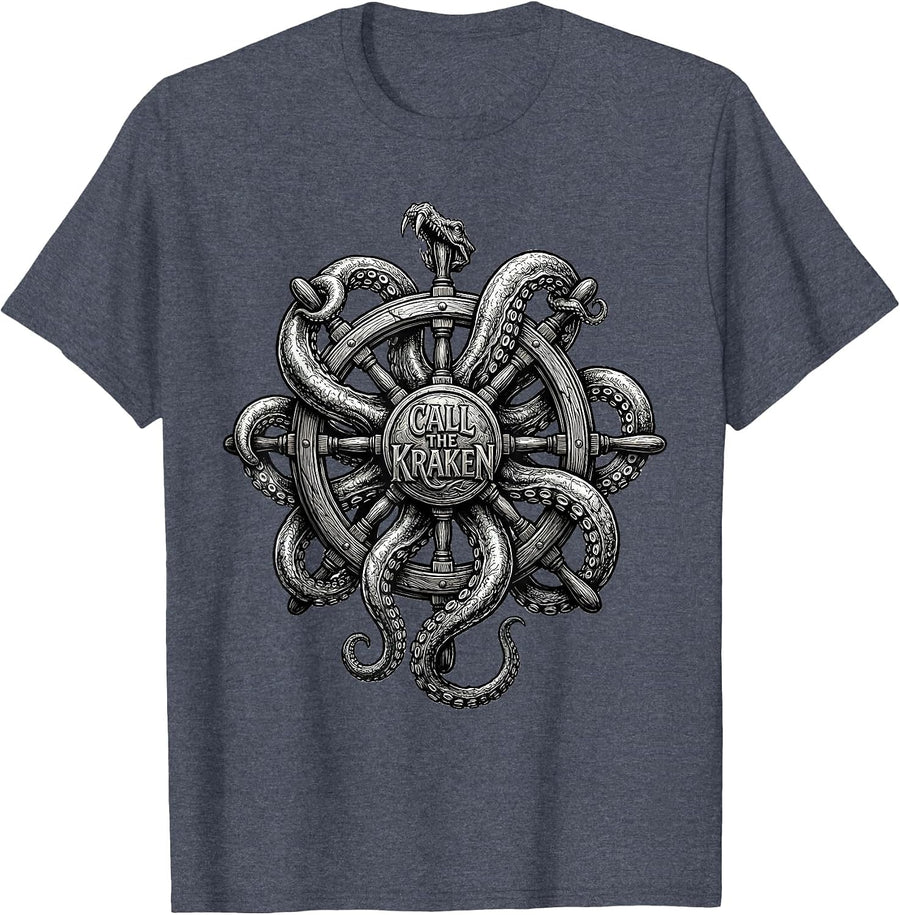 Call The Kraken Line Art Octopus Kraken Marine Animal Lover T-Shirt - Heather Blue