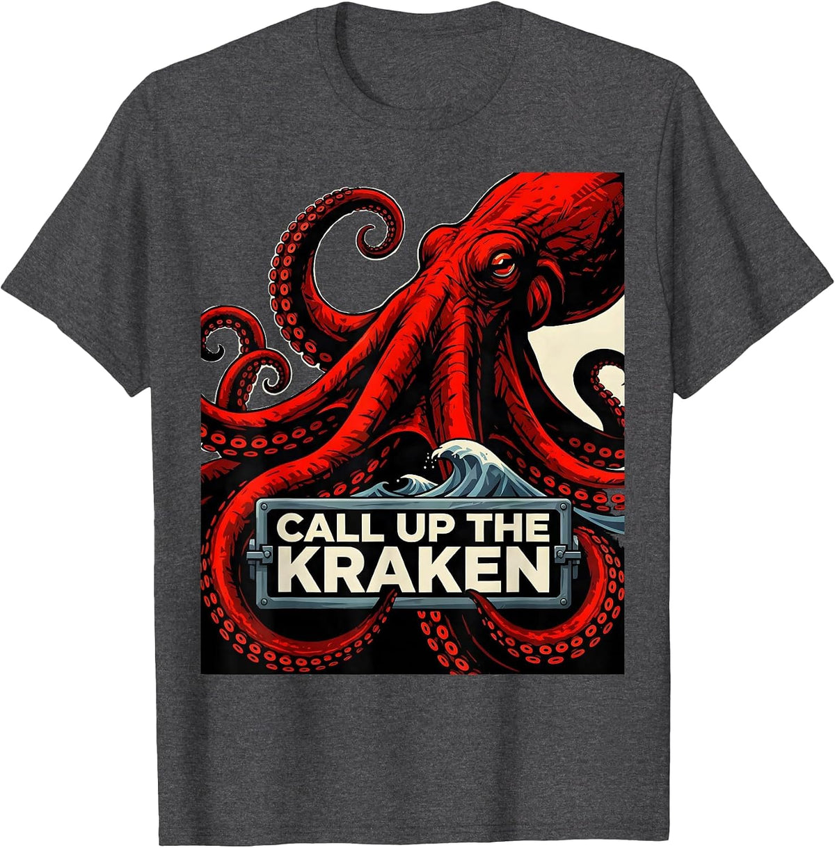Men's Call Up The Kraken Constructivist Poster Octopus Lover Ocean T-Shirt - Dark Heather Grey
