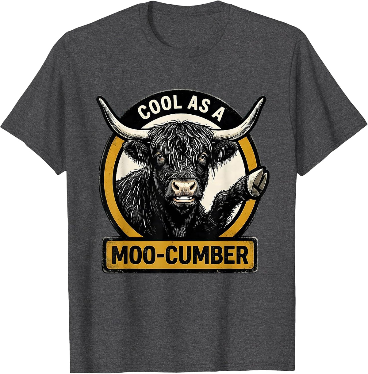 Men's Cool As A Moo-cumber Retro Cartoon Highland Cow Humor T-Shirt - Dark Heather Grey