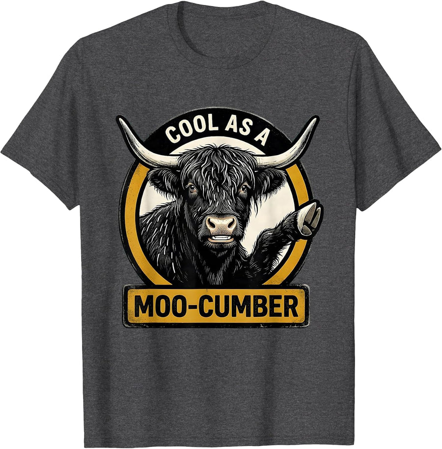 Men's Cool As A Moo-cumber Retro Cartoon Highland Cow Humor T-Shirt - Dark Heather Grey