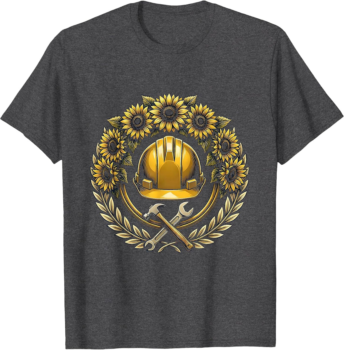 Labor Day Hard Hat Sunflower Wreath Illustration T-Shirt - Dark Heather Grey