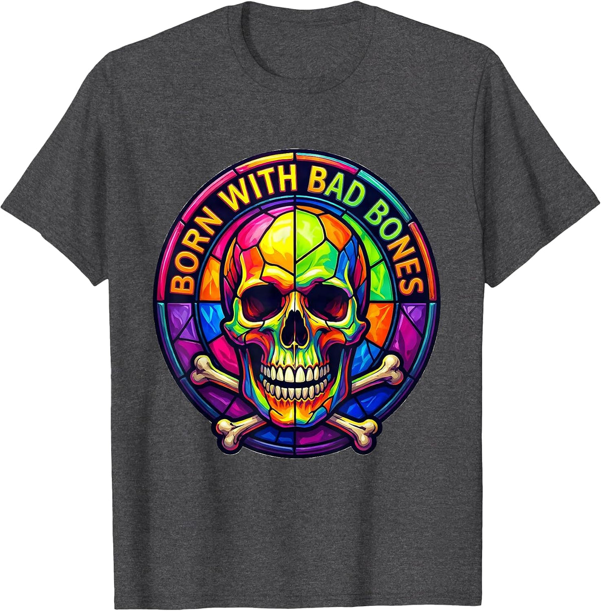Born With Bad Bones Skull Graphic Design T-Shirt - Dark Heather Grey