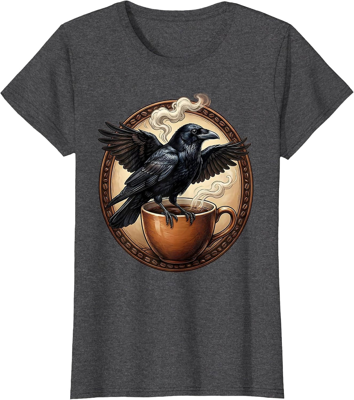 Women's Crow Perched on Steaming Coffee Mug Illustration T-Shirt - Dark Heather Grey
