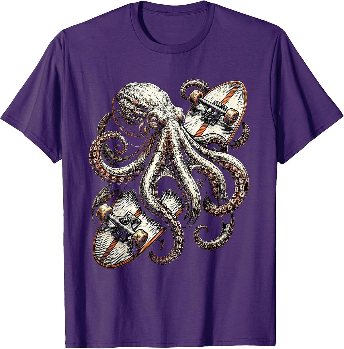 Men's Octopus Surfboard Surf Art Graphic Tee T-Shirt - Purple